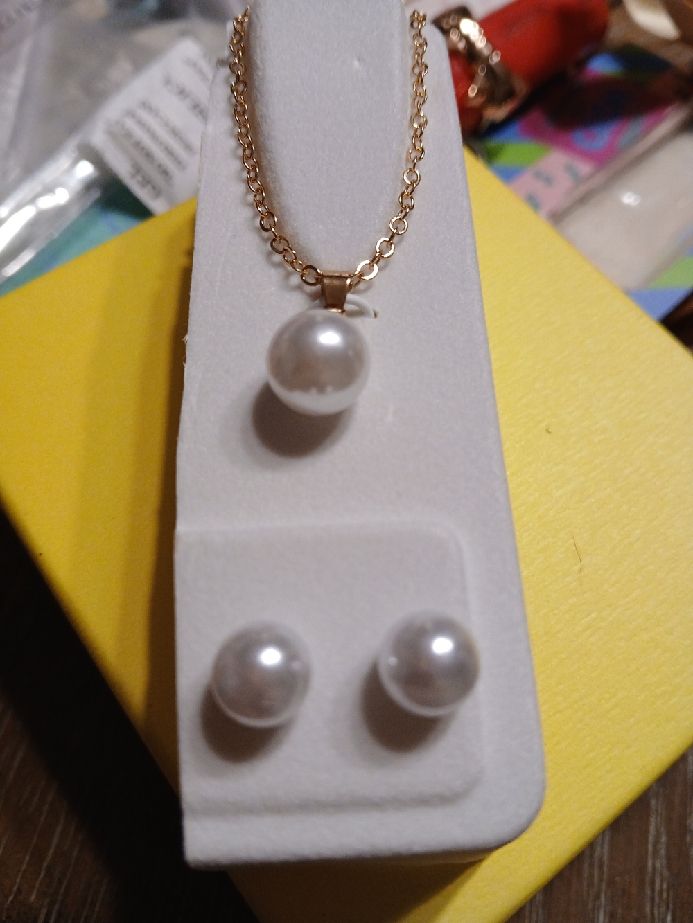Adrienne Vittadini White Pearl Pendant Necklace with Matching Studs - Gold Tone